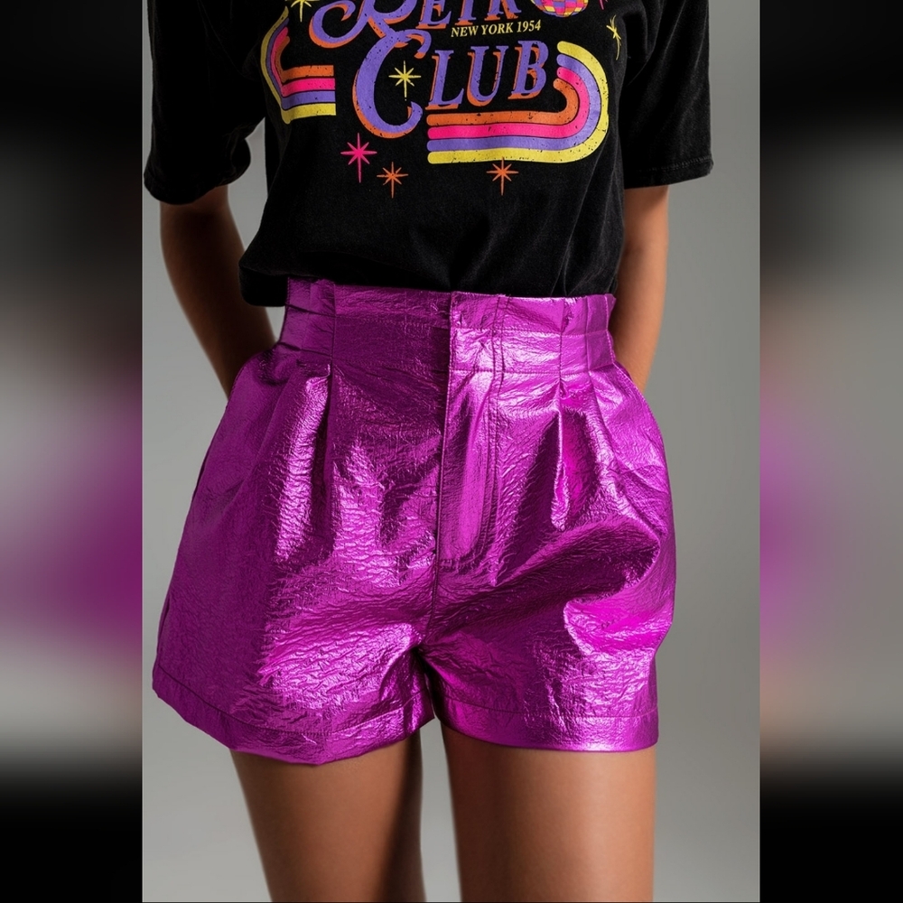 NWT Q2 STASHA HIGH RISE PAPERBAG WAIST METALLIC SHORTS, FUCHSIA, VARIOUS SIZES